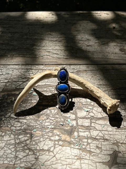 3 Stone Dark Blue Adjustable Ring
