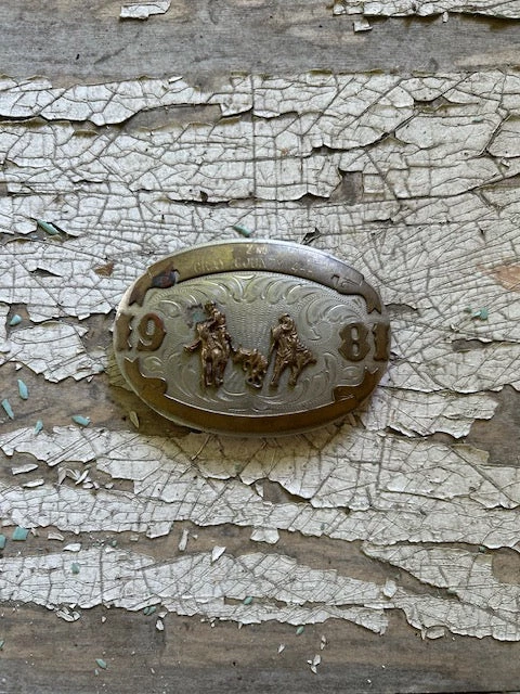 Vintage Nickel and Silver 1981 Steer Roping Buckle