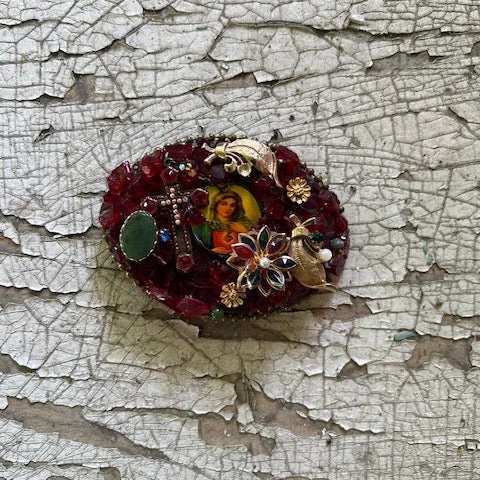 Virgin Mary / Cross Red Bling Brooch Buckle