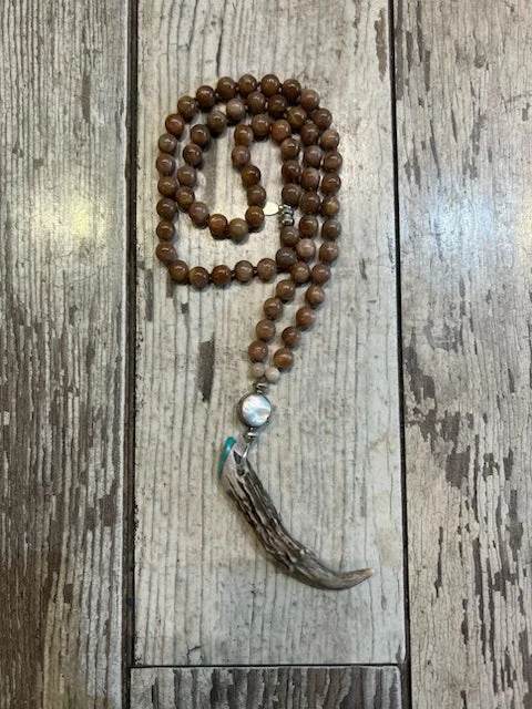 Sterling Silver Mother of Pearl & Turquoise Horn Necklace w/ Peach Moonstone