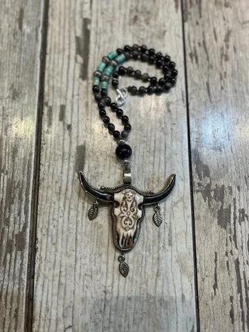 Sterling Silver Buffalo Horn Bone Necklace W/ Turquoise and Obsidian Beads