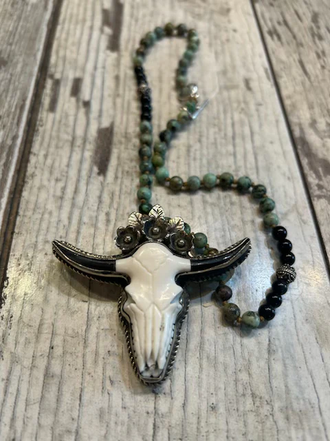 Sterling Silver Carved Bone Steer W/ Onyx and Jade Beads