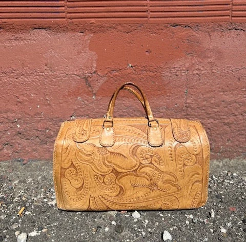 Hand Tooled Tan Overnight Leather Bag