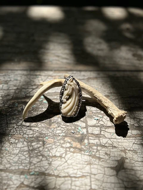 White Carved Bone Adjustable Horse Ring
