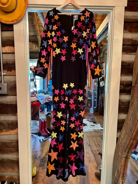 Black Jumpsuit w/ Beaded Stars and Fringe Sleeves (SM/MD)