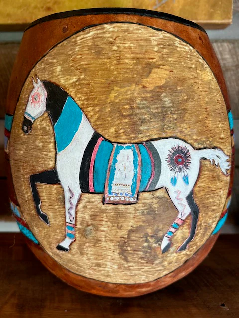 Large Horse Painted Gourd Bowl