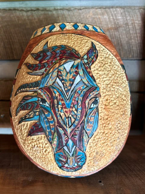 Tribal Horse Head Painted Gourd Bowl
